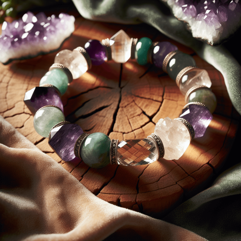 Armband met Amethist Aventurijn Bergkristal kralen en ohm bedel