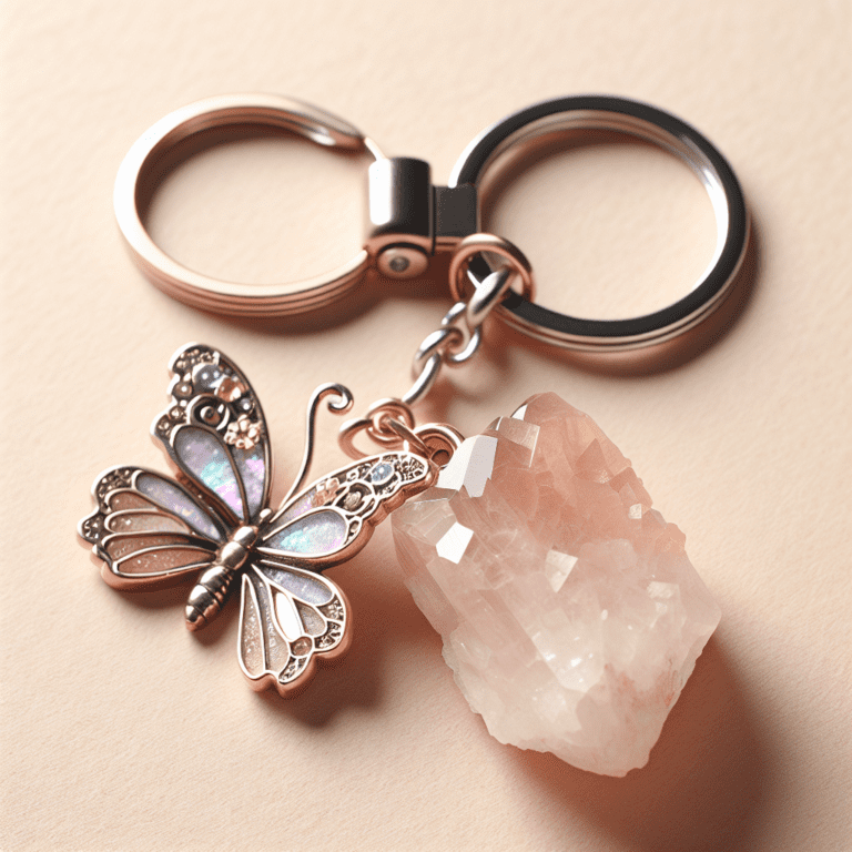 Rozenkwarts sleutelhanger met Vlinder bedeltje