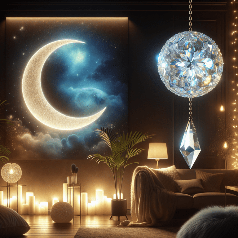 Breng de magie van de nachtelijke hemel in je ruimte met de decoratieve maan en kristallen hanger