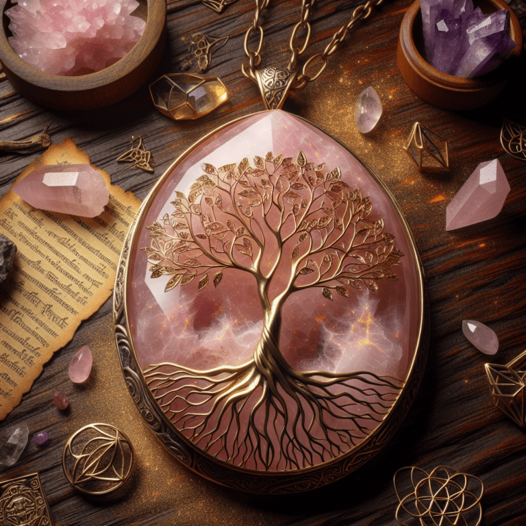 Ontgrendel de kracht van Rozenkwarts: de gouden levensboomhanger