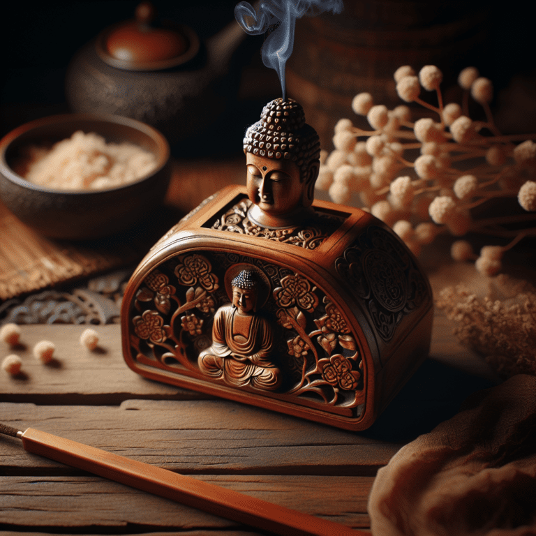 De kunst van het wierook: onderzoek naar de schoonheid van een houten wierookdoosje met Boeddha