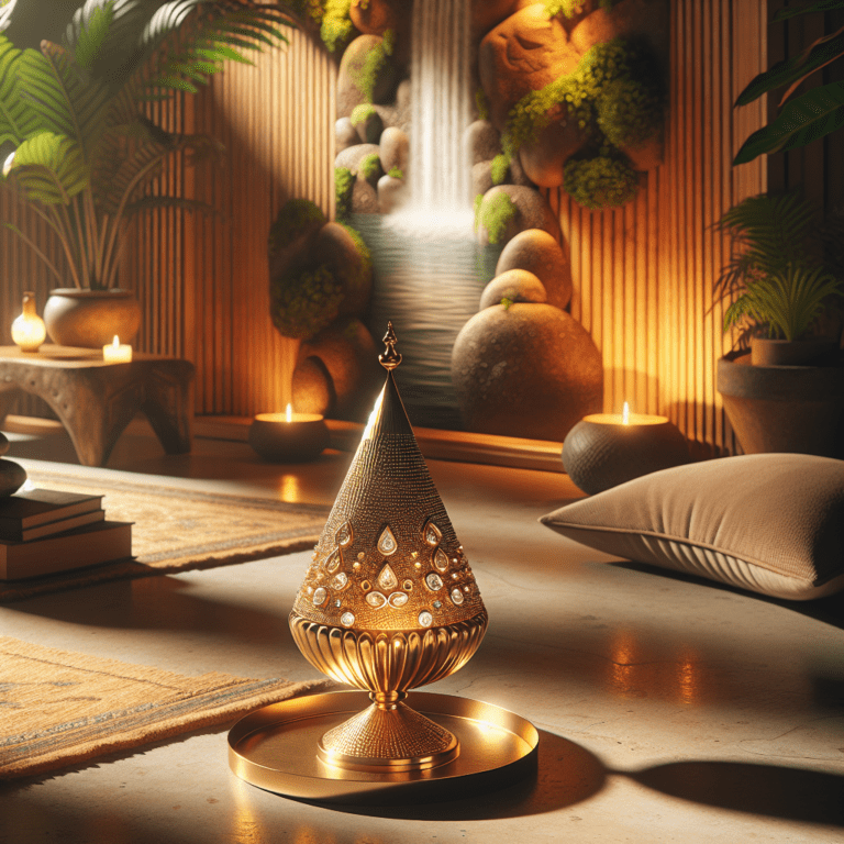 Transformeer je meditatieruimte met een goudkleurige kegelwierookhouder met ingelegde zirkoniastenen