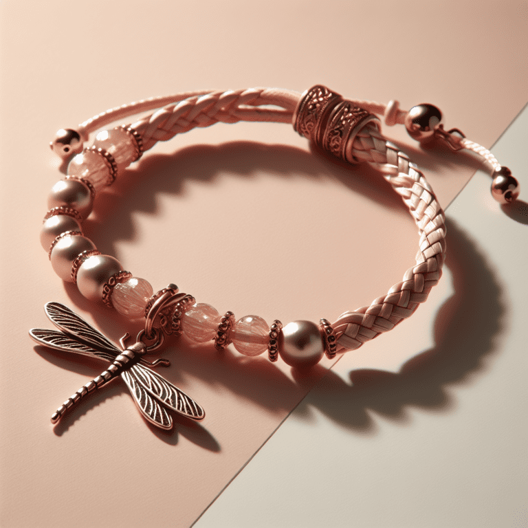 Voeg een vleugje elegantie toe met een lichtroze verstelbare gevlochten armband met kralen en libellebedel