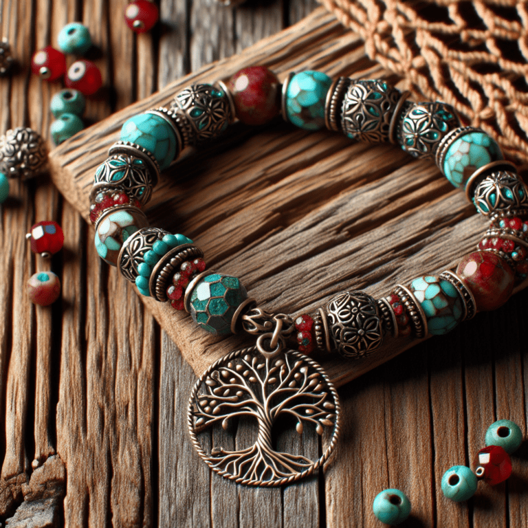 Omarm de Boheemse stijl met een prachtige rood-turkoois kralenarmband met levensboom Bede