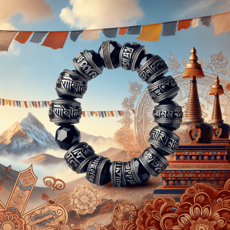 Tibetaans zes woorden mantra armband Obsidiaan