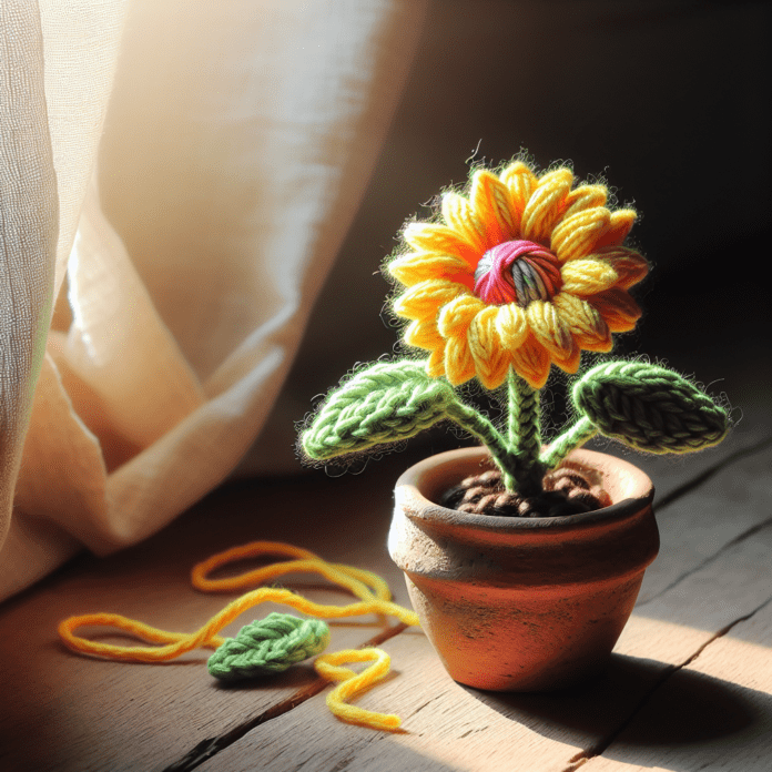 Miniatuur Decoratieve Hand Gebreide Zonnebloem in Pot