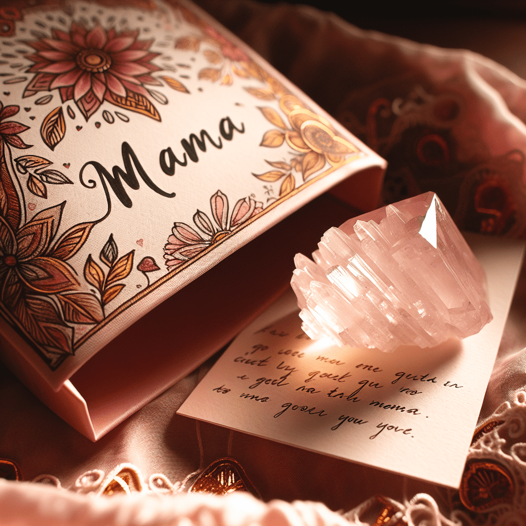 Handgeschreven kaart voor moeder + rozenkwarts edelsteen met bewaarzakje