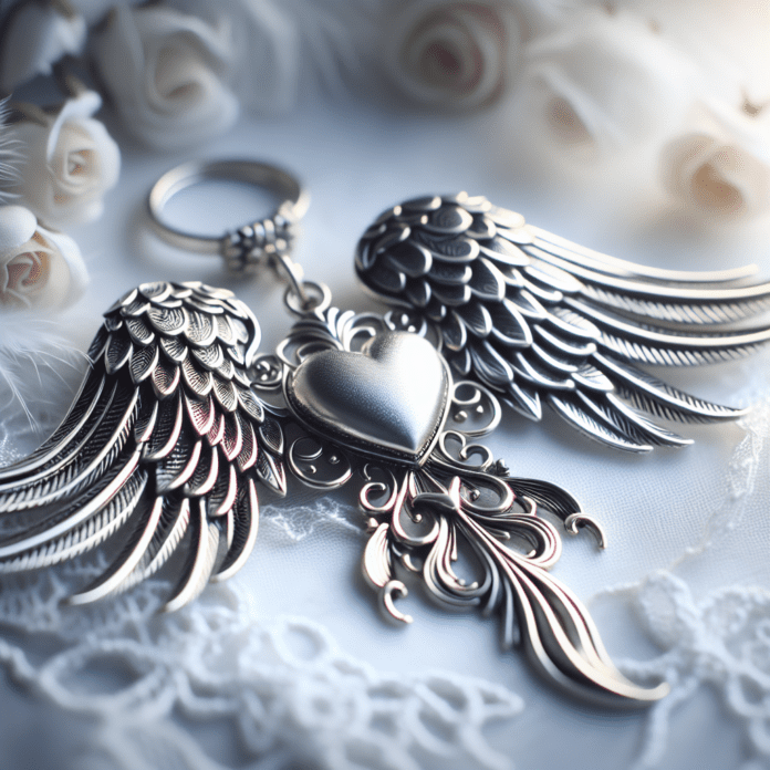 Zilverkleurige Engelenvleugel Sleutelhanger met Hart