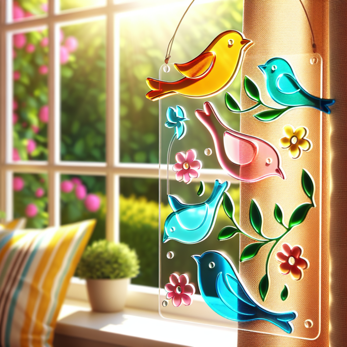 Gekleurde Acryl Raamhanger met Vier Vogels – 15×10 cm